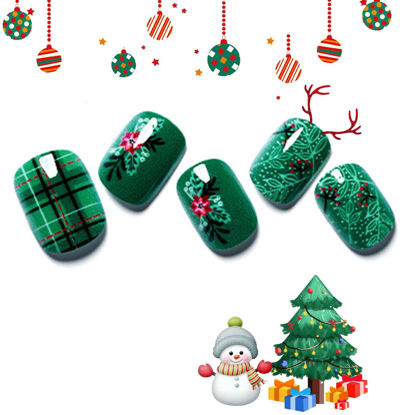 Picture of Christmas Press on Nails Extra Short Squoval, GLAMERMAID Green Plaid Christmas Flower Glue on Gel Nails, 24Pcs Short Square False Nails Kit Reusable UV Finish Full Cover Stick on Nail for Women Gift