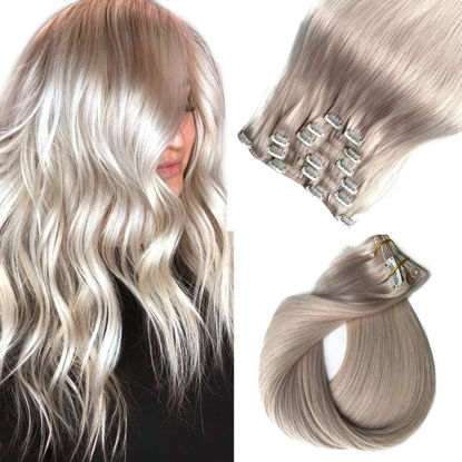 Picture of Clip in Hair Extensions Real Human Hair, Platinum Silver Human Hair Clip in Extensions for Women, 18 Inch 7 Pieces 70G/Set Double Weft Hair Extensions Clip in Human Hair for Girls