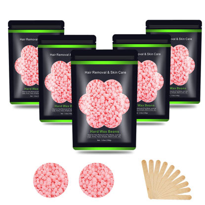 Picture of Auperwel Wax Beads for Hair Removal 1.1 lb (17.6 oz), Hard Wax Beads for Sensitive Skin - Brazilian, Face, Bikini, Legs, Eyebrow, Painless Waxing Beads Kit for Women Men, 5 Packs with 10 Wax Sticks