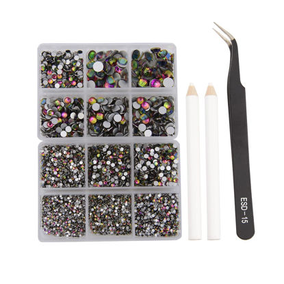 Picture of NCB 8000pcs Non Hotfix Rhinestones 10 Sizes Flatback Crystal Glass Rhinestones with Tweezers and Picking Pen for Nail Art Clothes Bags Phone Decorations Crafts DIY (099 Vitrail Medium Mix SS3-SS30)