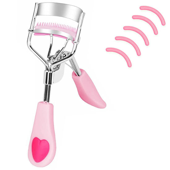 Picture of MERVK Stainless Steel Eyelash Curler with Built-in Comb Pinch Pain-Free Suitable for Any Eye Shapes and Sizes, with 5 Silicone Refill Pads (Peach Pink)
