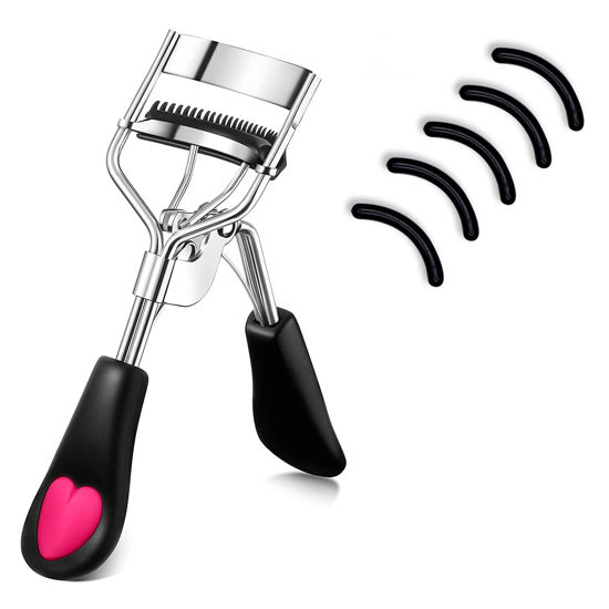 Picture of MERVK Stainless Steel Eyelash Curler with Built-in Comb Pinch Pain-Free Suitable for Any Eye Shapes and Sizes, with 5 Silicone Refill Pads (Black)