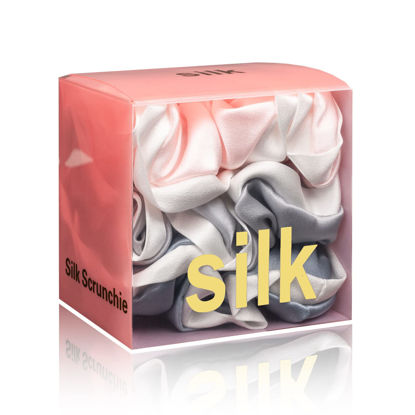 Picture of Silmer Silk Scrunchies for Hair Curly Hair 100% Mulberry 3 Pack(Pink,Silvery Grey, Haze Blue)