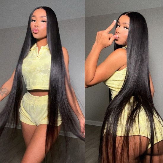 Picture of DULOVE 34 Inch Lace Front Wig Human Hair Pre Plucked with Baby Hair 13x4 Straight HD Transparent Lace Front Wigs for Women 200 Density Glueless Natural Color