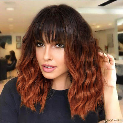 Picture of Nnzes Ombre Auburn Wig with Bangs for Women Shoulder Length Brown Bob Wavy Charming Synthetic Wigs with Natural Curly Heat Resistant Hair for Daily Party Use