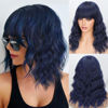 Picture of Nnzes Wig with Bangs for Women Short Bob Wavy Charming Synthetic Dark Blue Wigs with Natural Shoulder Length Curly Heat Resistant Hair for Daily Party Use