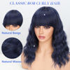 Picture of Nnzes Wig with Bangs for Women Short Bob Wavy Charming Synthetic Dark Blue Wigs with Natural Shoulder Length Curly Heat Resistant Hair for Daily Party Use