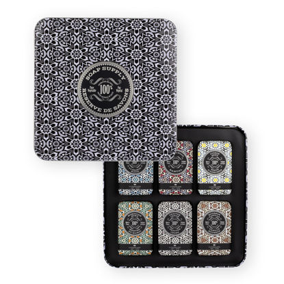 Picture of La Chatelaine Soap Supply Tin Gift Set |Unisex, Men, Women| Plant-based shea butter bar soaps | Made in France | Natural and Organic | Large soap bars | Set of 6, 8.8 oz./250g bars - Gray Mosaic