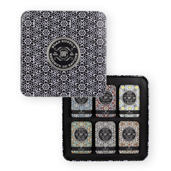 Picture of La Chatelaine Soap Supply Tin Gift Set |Unisex, Men, Women| Plant-based shea butter bar soaps | Made in France | Natural and Organic | Large soap bars | Set of 6, 8.8 oz./250g bars - Gray Mosaic