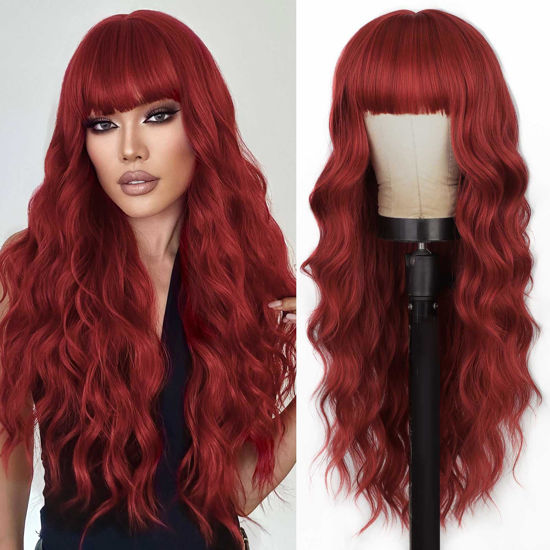 Picture of Lativ Red Wig With Bangs Long Red Wigs for Women 26 Inches Curly Wavy Hair Natural Looking Heat Resistant Fiber Wig for Girls Halloween Party Use