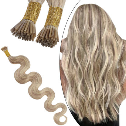 Picture of Ugeat 16 Inch Body Wave I Tip Hair Extensions #P18/613 Highlight Blonde Keratin I Tip Hair Extensions Human Hair 40 Grams/Pack 0.8G/S Real Human Hair I Tip