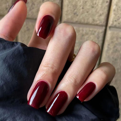 Picture of Elevenail Press on Nails Glossy Dark Wine Red False Nails Medium Length Square Fake Fingersnails Daily Manicure Salon DIY Faux Ongles Solid Red Nails Art Tips Gifts for Women Girls