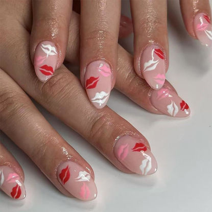 Picture of Kiss Press on Nails Medium Almond Fake Nails with Red White Pink Lips Design Valentines Glue on Nails Glossy Valentine’s Day False Nails Reusable Love Nails for Women Girls Manicure 24pcs