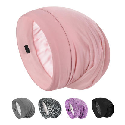 Picture of SOLZEK Silk Bonnet for Sleeping 100% 19 Momme Mulberry Adjustable Hair Wrap Curly Double Layered Night Cap Anti Frizz Women 1Pcs (Pink)