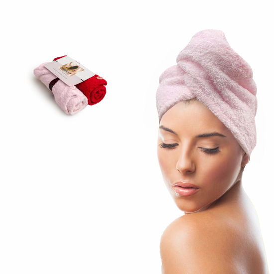 Picture of KEEPOZ Hair Towel Wrap Quick Dry 100% Cotton Super Absorbent Turban Head Wrap for Women with Button, Non Microfiber Anti Frizz Hair Cap for Curly, Long & Thick Hair (Pink+Red, 2 Pcs)