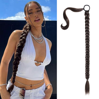 Picture of SEIKEA Upgraded Long Braid Ponytail Extension with Elastic Tie Straight Sleek Wrap Around Braid Hair Extensions Ponytail Natural Soft Synthetic Hairpiece Black Brown 34 Inch(After Braided 30 Inch)