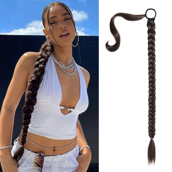 Picture of SEIKEA Upgraded Long Braid Ponytail Extension with Elastic Tie Straight Sleek Wrap Around Braid Hair Extensions Ponytail Natural Soft Synthetic Hairpiece Black Brown 34 Inch(After Braided 30 Inch)