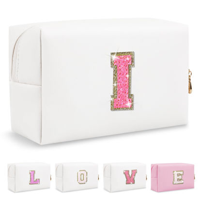 Picture of Small Personalized Initial A-Z Patch Makeup Bag,White Cute PU Leather Glitter Letter Cosmetic Bag for Teen Girls,Travel Toiletry Bag with Zipper,Preppy Monogrammed Birthday Gift for Daughter Niece I