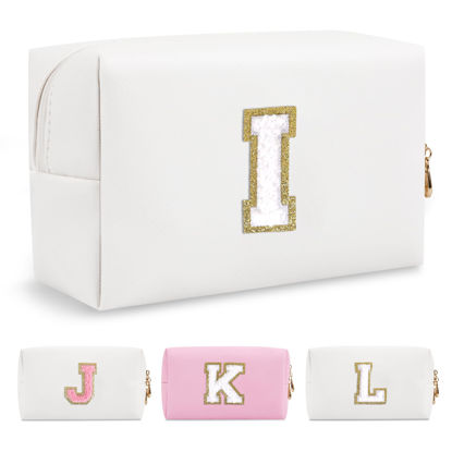 Picture of Small Personalized Initial A-Z Preppy Patch Makeup Bag,White PU Chenille Letter Travel Cosmetic Pouch with Zipper,Cute Toiletry Bag,Gift Ideal for Teen Girls Women Teacher Bridesmaid,Letter I
