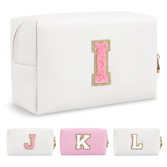 Picture of Personalized Makeup Bag Initial A-Z Preppy Patch Bag,Small PU Leather Travel Cosmetic Bag Pouch with Zipper,White Cute Toiletry Bag,Gift Ideal for Teen Girls Women Birthday Friend Mom,Letter I