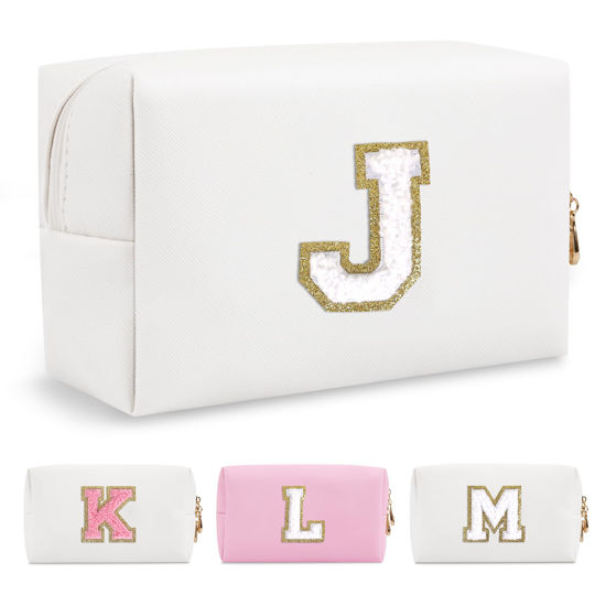 Picture of Small Personalized Initial A-Z Preppy Patch Makeup Bag,White PU Chenille Letter Travel Cosmetic Pouch with Zipper,Cute Toiletry Bag,Gift Ideal for Teen Girls Women Teacher Bridesmaid,Letter J