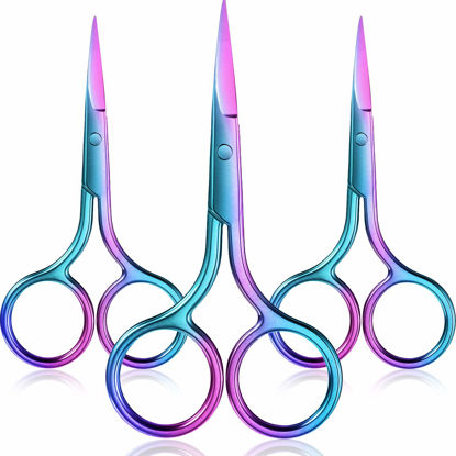 Picture of 3 Pack Nose Hair Scissors Facial Hair Scissors Small Scissors Stainless Steel Straight Tip Scissor for Eyebrows, Nose, Moustache, Beard (Rainbow Color)