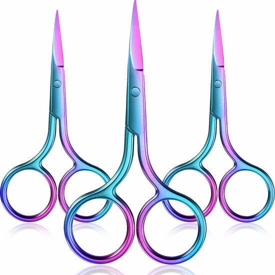 Picture of 3 Pack Nose Hair Scissors Facial Hair Scissors Small Scissors Stainless Steel Straight Tip Scissor for Eyebrows, Nose, Moustache, Beard (Rainbow Color)