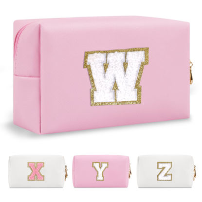 Picture of Personalized Initial A-Z Preppy Patch Makeup Bag,Small PU Chenille Letter Cosmetic Bag with Zipper for Teen Girls,Pink Cute Toiletry Organizer Bag,Monogram Makeup Case Gift for Women Girls,Letter W