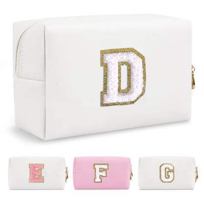 Picture of Small Personalized Initial A-Z Preppy Patch Makeup Bag,White PU Chenille Letter Travel Cosmetic Pouch with Zipper,Cute Toiletry Bag,Gift Ideal for Teen Girls Women Teacher Bridesmaid,Letter D