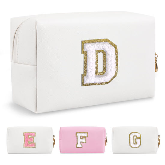 Picture of Small Personalized Initial A-Z Preppy Patch Makeup Bag,White PU Chenille Letter Travel Cosmetic Pouch with Zipper,Cute Toiletry Bag,Gift Ideal for Teen Girls Women Teacher Bridesmaid,Letter D