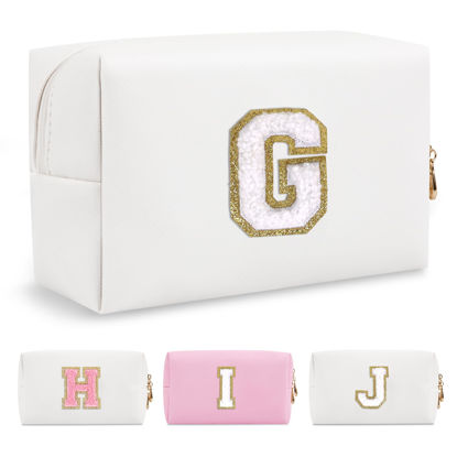Picture of Small Personalized Initial A-Z Preppy Patch Makeup Bag,White PU Chenille Letter Travel Cosmetic Pouch with Zipper,Cute Toiletry Bag,Gift Ideal for Teen Girls Women Teacher Bridesmaid,Letter G