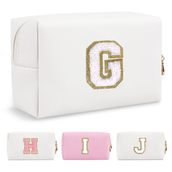 Picture of Small Personalized Initial A-Z Preppy Patch Makeup Bag,White PU Chenille Letter Travel Cosmetic Pouch with Zipper,Cute Toiletry Bag,Gift Ideal for Teen Girls Women Teacher Bridesmaid,Letter G