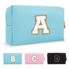 Picture of Small Personalized Initial A-Z Preppy Patch Makeup Bag,PU Chenille Letter Travel Cosmetic Pouch with Zipper,Blue Cute Toiletry Bag,Gift Ideal for Teen Girls Women Teacher Bridesmaid,Letter A