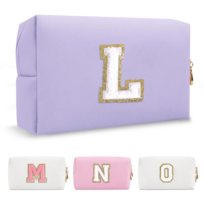 Picture of Personalized Makeup Bag Initial A-Z Preppy Patch Bag,Small PU Leather Travel Cosmetic Bag Pouch with Zipper,Purple Cute Toiletry Bag,Gift Ideal for Teen Girls Women Birthday Friend Mom,Latter L