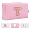 Picture of Personalized Initial A-Z Preppy Patch Makeup Bag,Small PU Leather Chenille Letter Cosmetic Bag with Zipper for Teen Girls,Pink Cute Travel Toiletry Bag,Birthday Monogrammed Gift for Daughter,Letter T