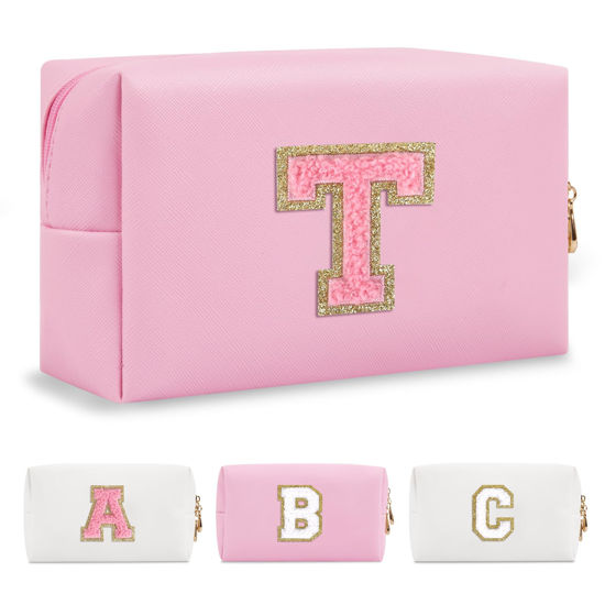 Picture of Personalized Initial A-Z Preppy Patch Makeup Bag,Small PU Leather Chenille Letter Cosmetic Bag with Zipper for Teen Girls,Pink Cute Travel Toiletry Bag,Birthday Monogrammed Gift for Daughter,Letter T