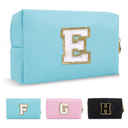 Picture of Small Personalized Initial A-Z Preppy Patch Makeup Bag,PU Chenille Letter Travel Cosmetic Pouch with Zipper,Blue Cute Toiletry Bag,Gift Ideal for Teen Girls Women Teacher Bridesmaid,Letter E