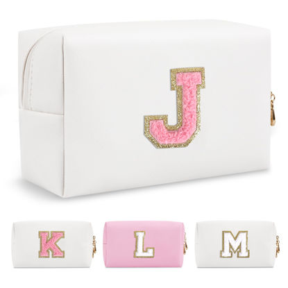 Picture of Personalized Makeup Bag Initial A-Z Preppy Patch Bag,Small PU Leather Travel Cosmetic Bag Pouch with Zipper,White Cute Toiletry Bag,Gift Ideal for Teen Girls Women Birthday Friend Mom,Letter J