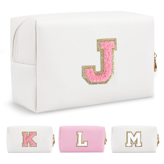 Picture of Personalized Makeup Bag Initial A-Z Preppy Patch Bag,Small PU Leather Travel Cosmetic Bag Pouch with Zipper,White Cute Toiletry Bag,Gift Ideal for Teen Girls Women Birthday Friend Mom,Letter J