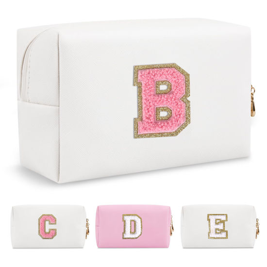 Picture of Personalized Makeup Bag Initial A-Z Preppy Patch Bag,Small PU Leather Travel Cosmetic Bag Pouch with Zipper,White Cute Toiletry Bag,Gift Ideal for Teen Girls Women Birthday Friend Mom,Letter B