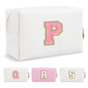 Picture of Personalized Makeup Bag Initial A-Z Preppy Patch Bag,Small PU Leather Travel Cosmetic Bag Pouch with Zipper,White Cute Toiletry Bag,Gift Ideal for Teen Girls Women Birthday Friend Mom,Letter P