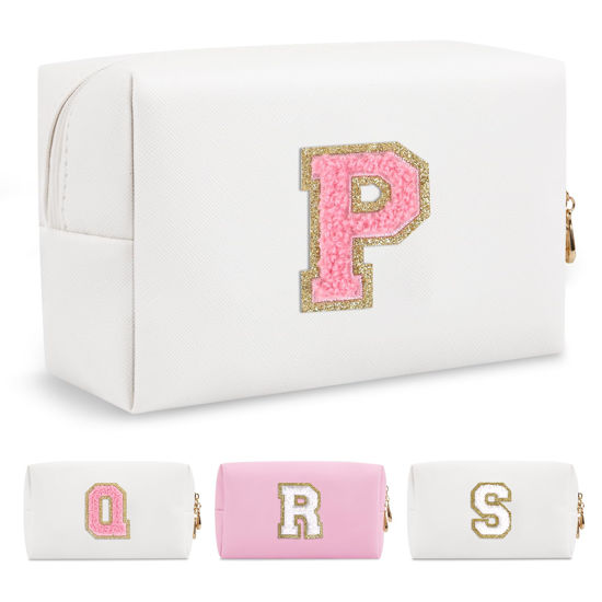 Picture of Personalized Makeup Bag Initial A-Z Preppy Patch Bag,Small PU Leather Travel Cosmetic Bag Pouch with Zipper,White Cute Toiletry Bag,Gift Ideal for Teen Girls Women Birthday Friend Mom,Letter P