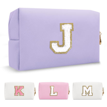 Picture of Personalized Makeup Bag Initial A-Z Preppy Patch Bag,Small PU Leather Travel Cosmetic Bag Pouch with Zipper,Purple Cute Toiletry Bag,Gift Ideal for Teen Girls Women Birthday Friend Mom,Latter J