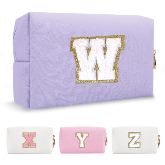 Picture of Personalized Makeup Bag Initial A-Z Preppy Patch Bag,Small PU Leather Travel Cosmetic Bag Pouch with Zipper,Purple Cute Toiletry Bag,Gift Ideal for Teen Girls Women Birthday Friend Mom,Latter W