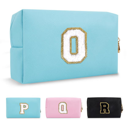 Picture of Small Personalized Initial A-Z Preppy Patch Makeup Bag,PU Chenille Letter Travel Cosmetic Pouch with Zipper,Blue Cute Toiletry Bag,Gift Ideal for Teen Girls Women Teacher Bridesmaid,Letter O