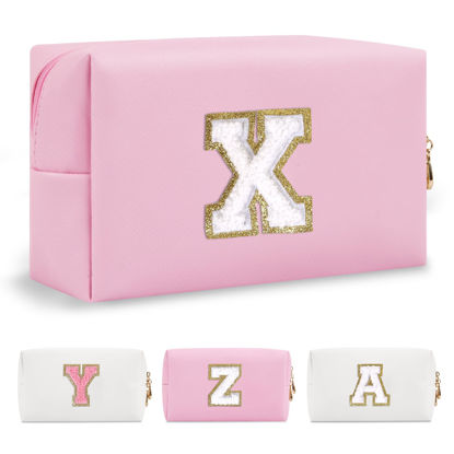 Picture of Personalized Initial A-Z Preppy Patch Makeup Bag,Small PU Chenille Letter Cosmetic Bag with Zipper for Teen Girls,Pink Cute Toiletry Organizer Bag,Monogram Makeup Case Gift for Women Girls,Letter X