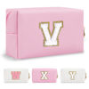 Picture of Personalized Initial A-Z Preppy Patch Makeup Bag,Small PU Chenille Letter Cosmetic Bag with Zipper for Teen Girls,Pink Cute Toiletry Organizer Bag,Monogram Makeup Case Gift for Women Girls,Letter V