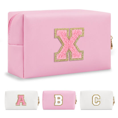 Picture of Personalized Initial A-Z Preppy Patch Makeup Bag,Small PU Leather Chenille Letter Cosmetic Bag with Zipper for Teen Girls,Pink Cute Travel Toiletry Bag,Birthday Monogrammed Gift for Daughter,Letter X