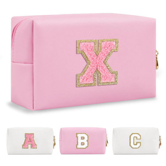 Picture of Personalized Initial A-Z Preppy Patch Makeup Bag,Small PU Leather Chenille Letter Cosmetic Bag with Zipper for Teen Girls,Pink Cute Travel Toiletry Bag,Birthday Monogrammed Gift for Daughter,Letter X