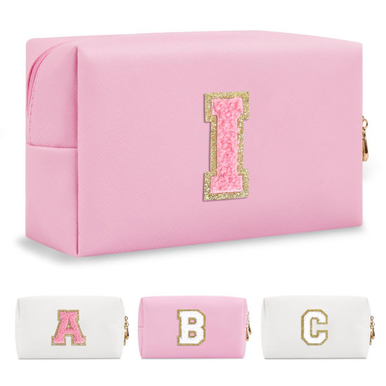 Picture of Personalized Initial A-Z Preppy Patch Makeup Bag,Small PU Leather Chenille Letter Cosmetic Bag with Zipper for Teen Girls,Pink Cute Travel Toiletry Bag,Birthday Monogrammed Gift for Daughter,Letter I
